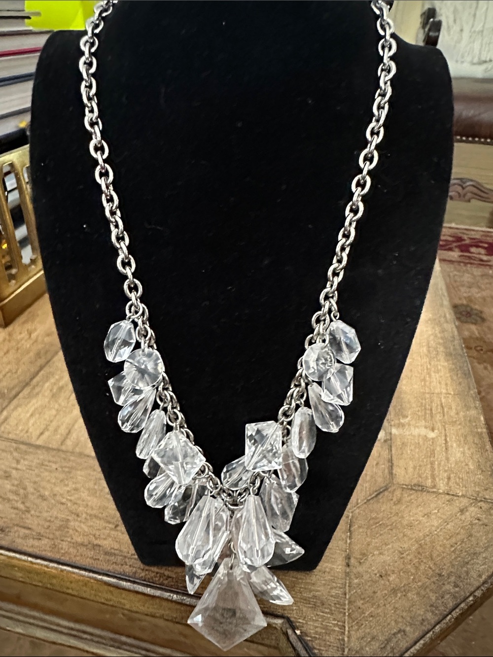 Clear Crystal Drop Statement Necklace with Silver Chain - Women Jewelry